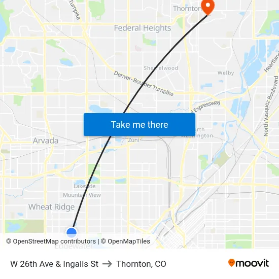 W 26th Ave & Ingalls St to Thornton, CO map