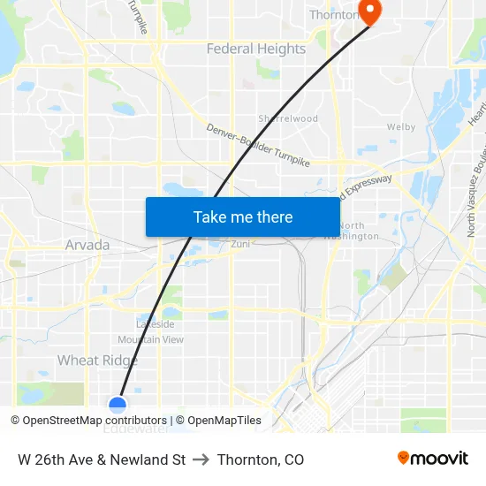 W 26th Ave & Newland St to Thornton, CO map