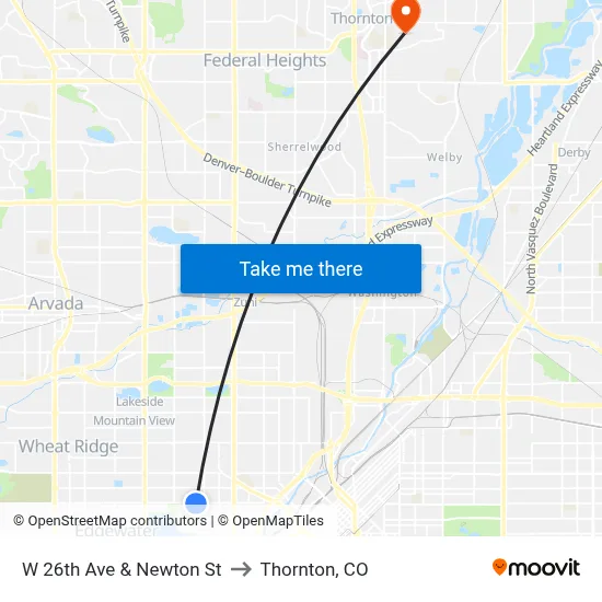 W 26th Ave & Newton St to Thornton, CO map