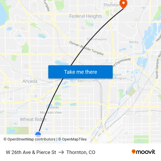 W 26th Ave & Pierce St to Thornton, CO map