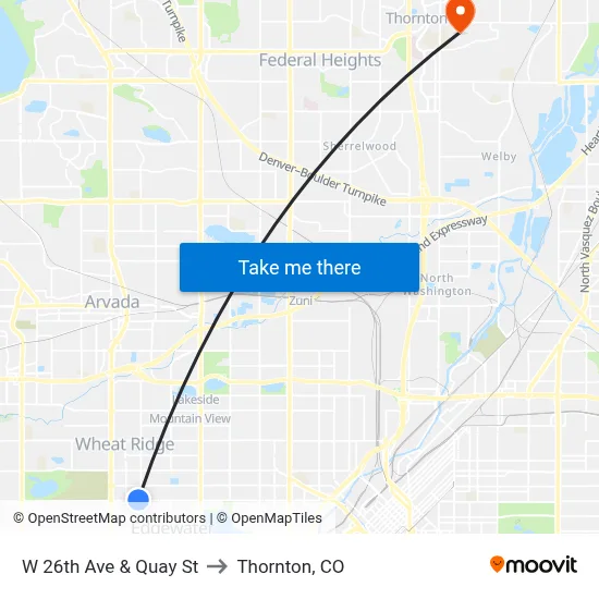 W 26th Ave & Quay St to Thornton, CO map