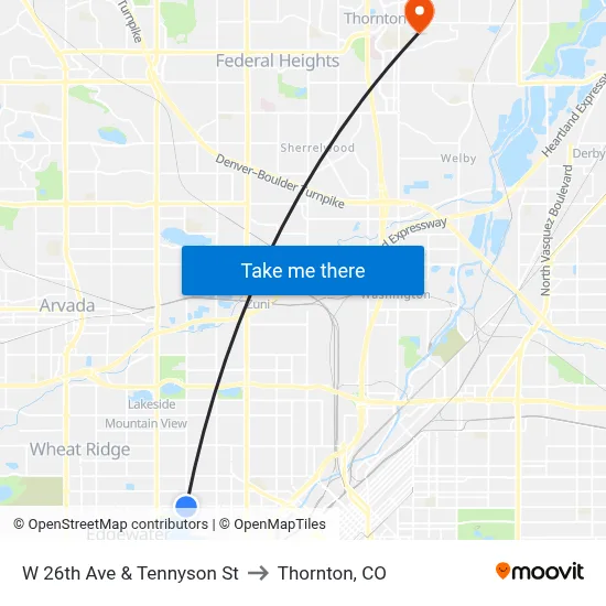 W 26th Ave & Tennyson St to Thornton, CO map