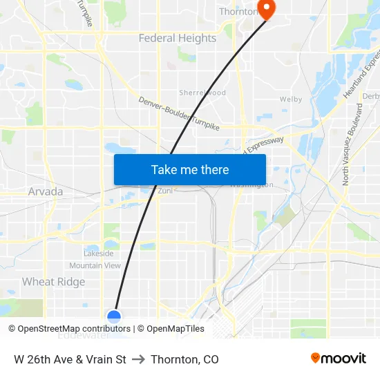 W 26th Ave & Vrain St to Thornton, CO map