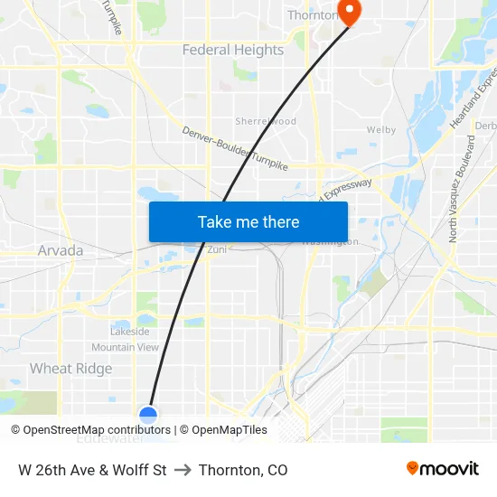 W 26th Ave & Wolff St to Thornton, CO map
