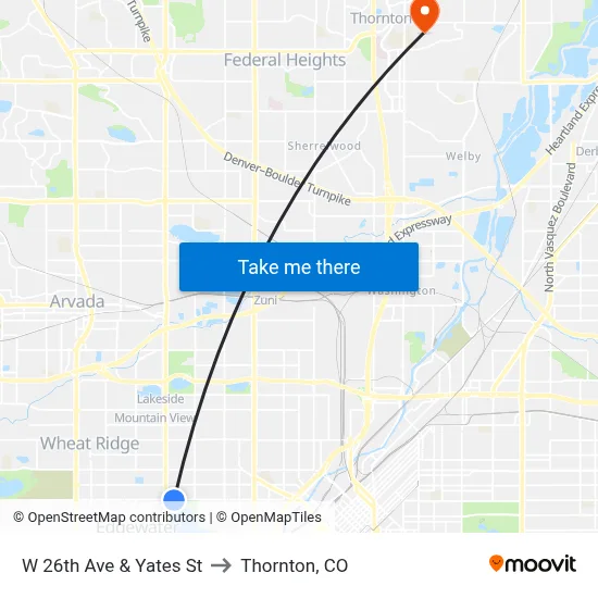 W 26th Ave & Yates St to Thornton, CO map