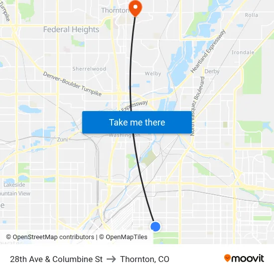 28th Ave & Columbine St to Thornton, CO map