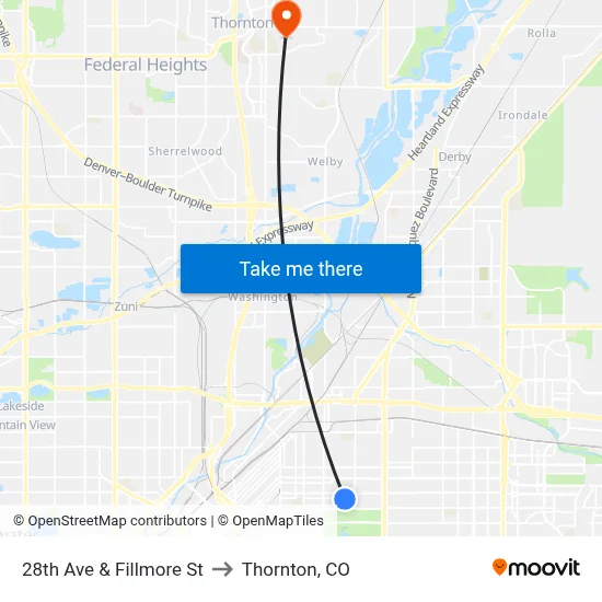 28th Ave & Fillmore St to Thornton, CO map