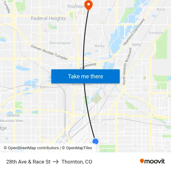 28th Ave & Race St to Thornton, CO map