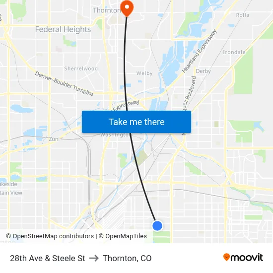 28th Ave & Steele St to Thornton, CO map