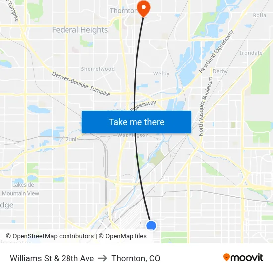 Williams St & 28th Ave to Thornton, CO map