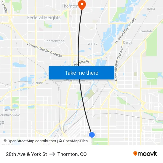 28th Ave & York St to Thornton, CO map