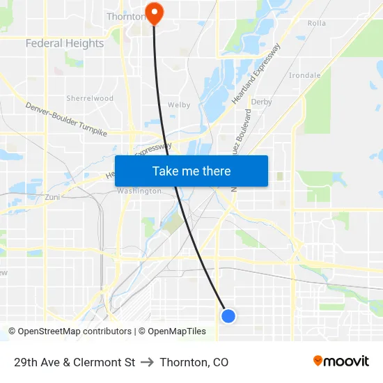 29th Ave & Clermont St to Thornton, CO map