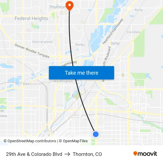 29th Ave & Colorado Blvd to Thornton, CO map