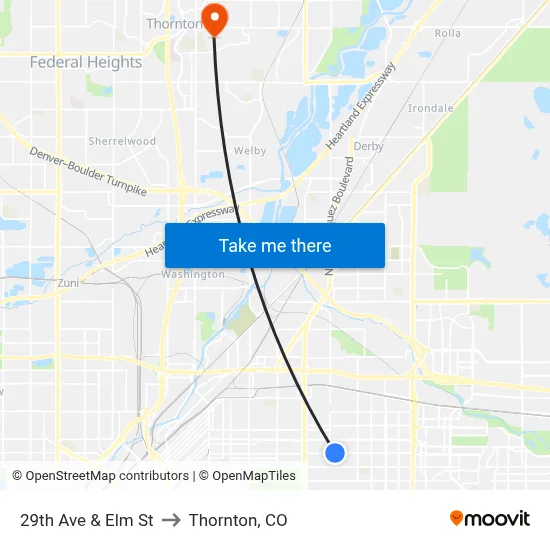 29th Ave & Elm St to Thornton, CO map