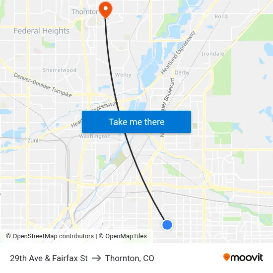 29th Ave & Fairfax St to Thornton, CO map