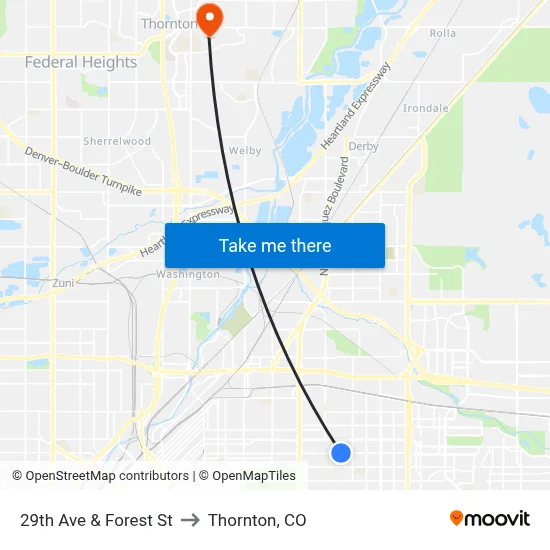 29th Ave & Forest St to Thornton, CO map