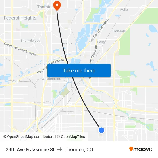 29th Ave & Jasmine St to Thornton, CO map