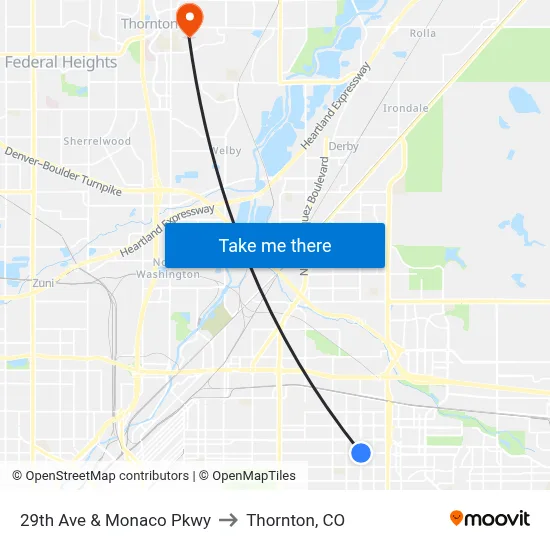 29th Ave & Monaco Pkwy to Thornton, CO map