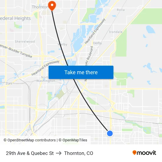 29th Ave & Quebec St to Thornton, CO map