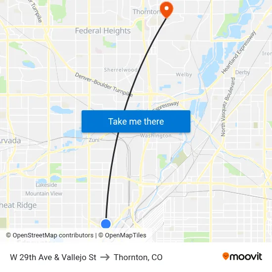W 29th Ave & Vallejo St to Thornton, CO map