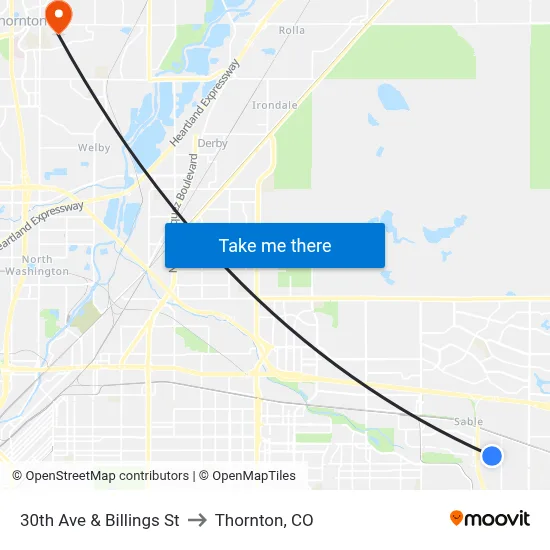 30th Ave & Billings St to Thornton, CO map