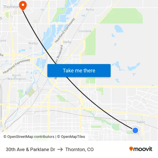 30th Ave & Parklane Dr to Thornton, CO map