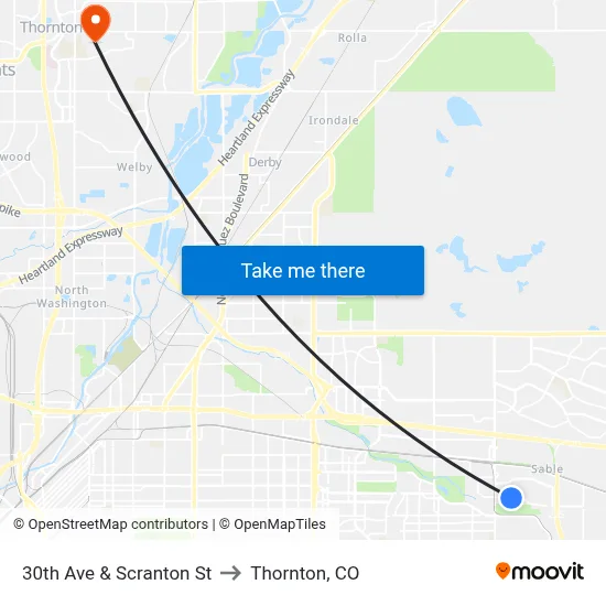 30th Ave & Scranton St to Thornton, CO map