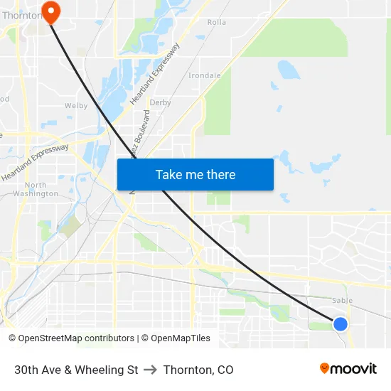 30th Ave & Wheeling St to Thornton, CO map