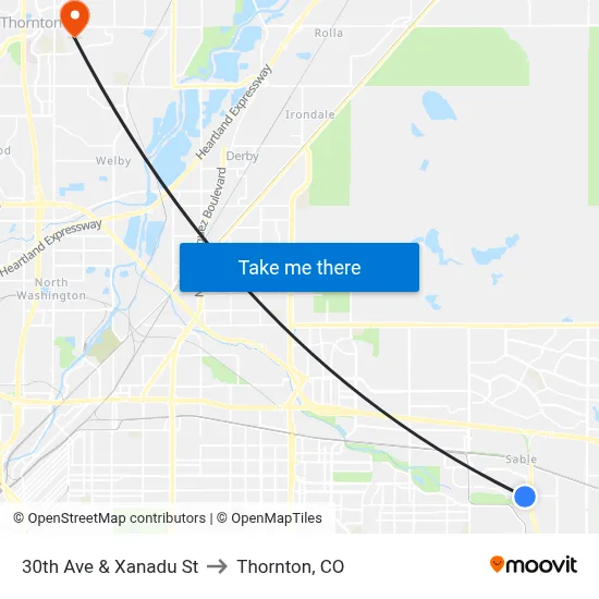 30th Ave & Xanadu St to Thornton, CO map
