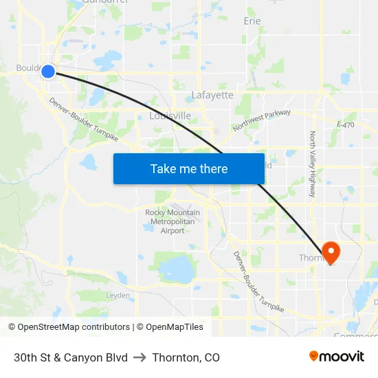 30th St & Canyon Blvd to Thornton, CO map