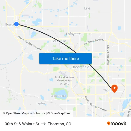 30th St & Walnut St to Thornton, CO map