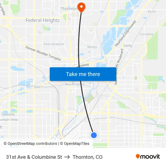 31st Ave & Columbine St to Thornton, CO map