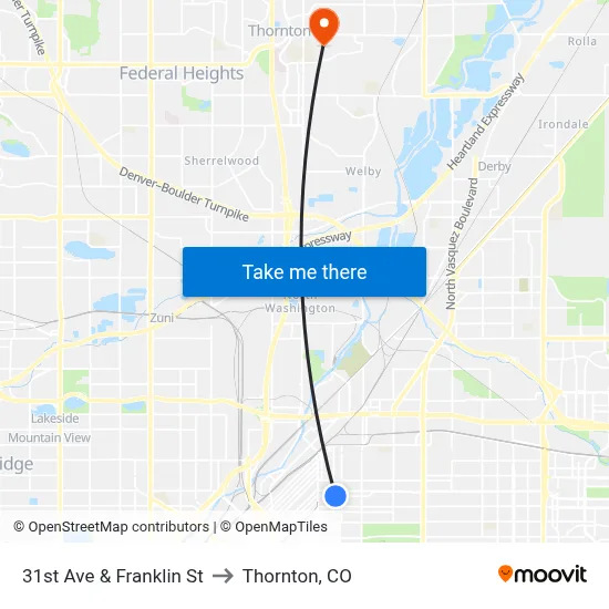 31st Ave & Franklin St to Thornton, CO map