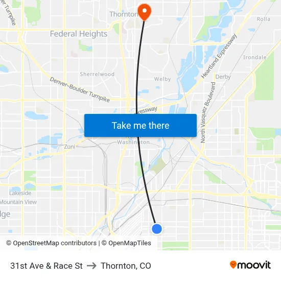 31st Ave & Race St to Thornton, CO map