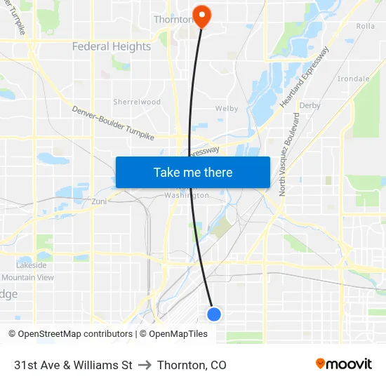 31st Ave & Williams St to Thornton, CO map