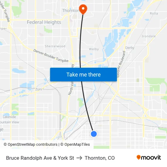 Bruce Randolph Ave & York St to Thornton, CO map