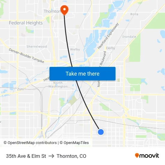 35th Ave & Elm St to Thornton, CO map