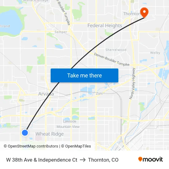W 38th Ave & Independence Ct to Thornton, CO map