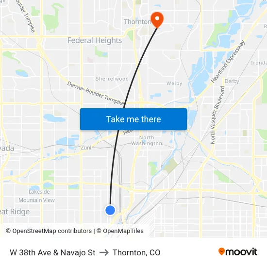 W 38th Ave & Navajo St to Thornton, CO map
