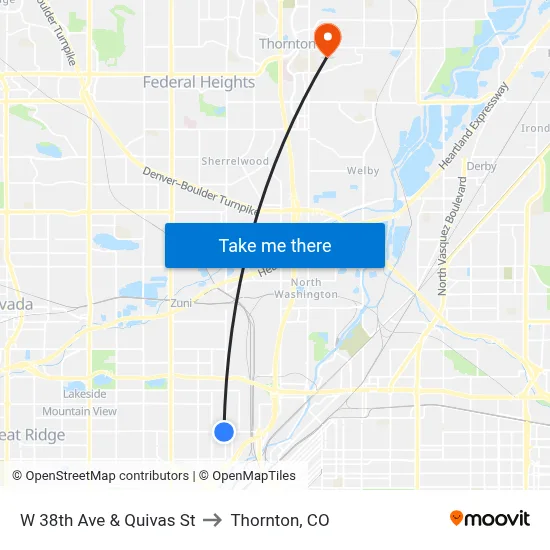 W 38th Ave & Quivas St to Thornton, CO map