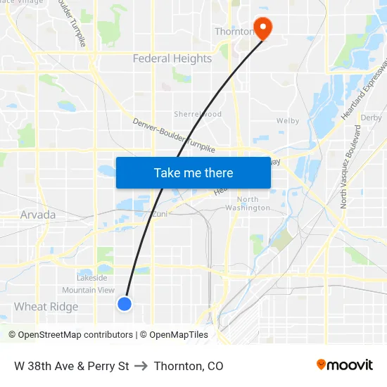 W 38th Ave & Perry St to Thornton, CO map