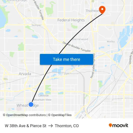 W 38th Ave & Pierce St to Thornton, CO map
