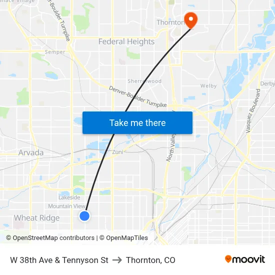 W 38th Ave & Tennyson St to Thornton, CO map