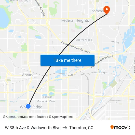 W 38th Ave & Wadsworth Blvd to Thornton, CO map