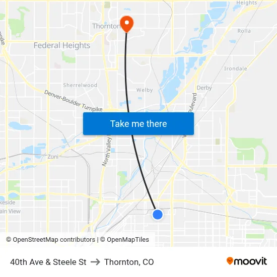40th Ave & Steele St to Thornton, CO map