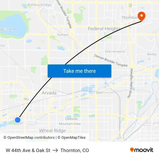 W 44th Ave & Oak St to Thornton, CO map