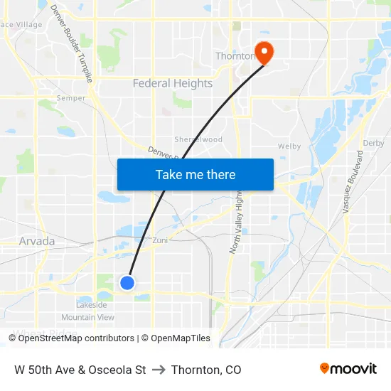 W 50th Ave & Osceola St to Thornton, CO map