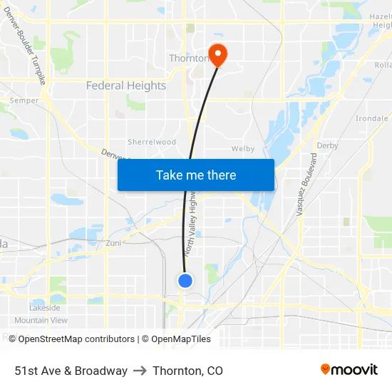 51st Ave & Broadway to Thornton, CO map