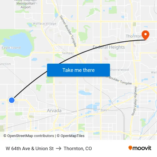 W 64th Ave & Union St to Thornton, CO map