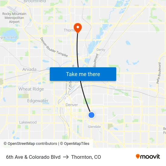 6th Ave & Colorado Blvd to Thornton, CO map